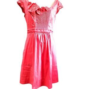 BCBG Maxazria Dress Size M Coral Pink Applique Lined Tattered Edges Zip Back